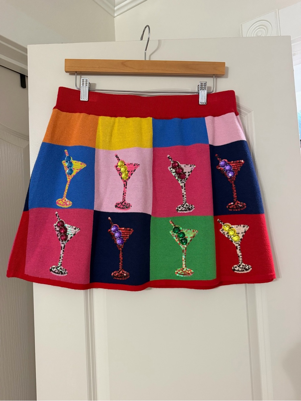 QUEEN OF SPARKLES Multicolor Sequin Martini Patch Knit Mini Skirt